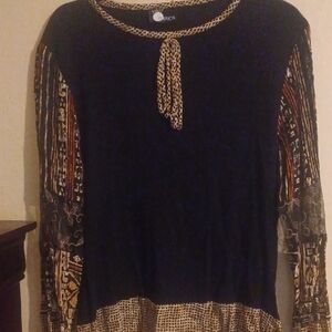 Boho Chic Long Sleeve Blouse in Black and Tan